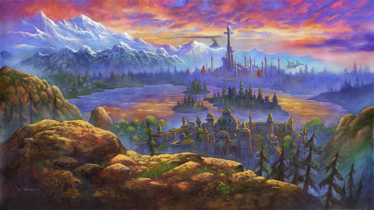 Painted view over a lake to a mountain city in the Eastern Kingdoms, WoW Forever key art