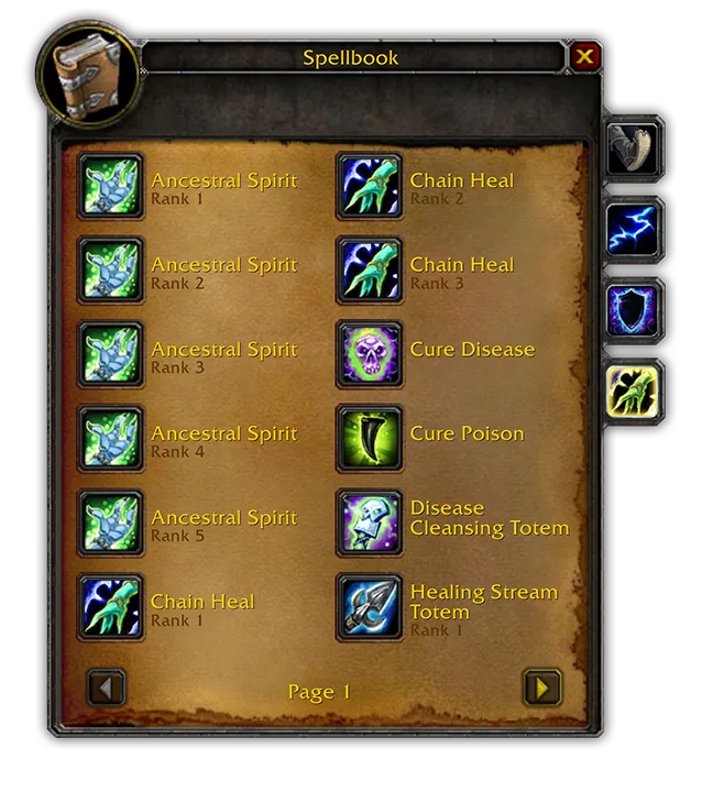 Classic’s original spellbook in Blizzard’s 2019 guide; baseline interface, not a preview of later UI updates