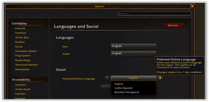 Forever options preview showing the preferred spoken language setting