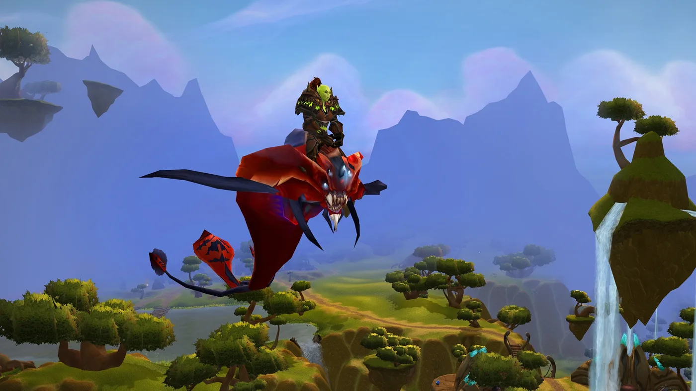 A rider flies above Nagrand in Outland