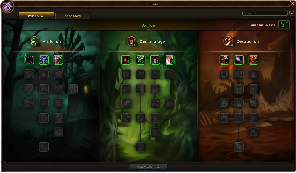 Official Warlock talent trees in WoW Forever
