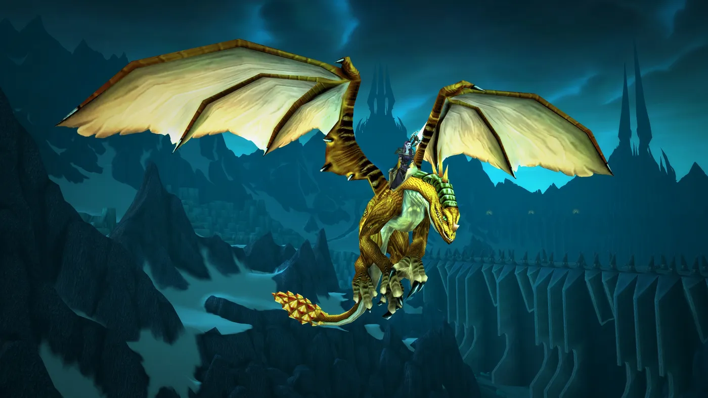 A drake mount flies over Northrend's icy peaks