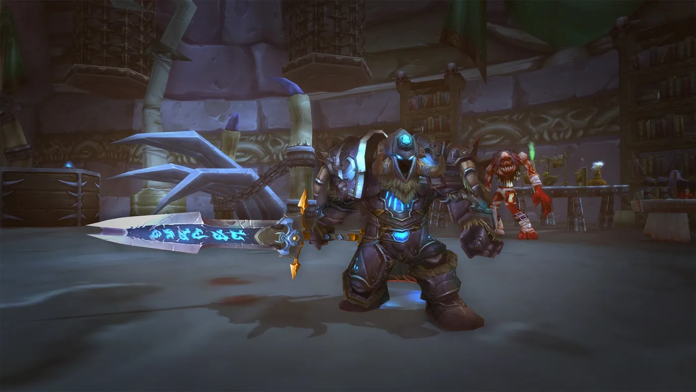 A Death Knight in plate armor holds a runeblade, with a ghoul behind him
