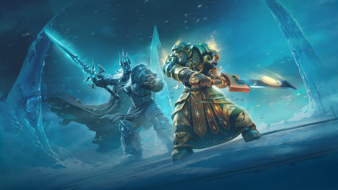 The Lich King faces a champion of the Light in Blizzard's Fall of the Lich King art
