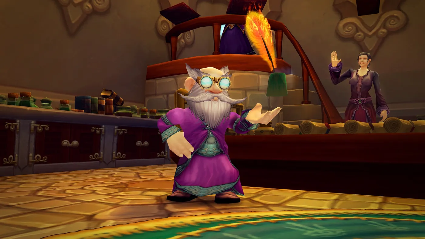 A gnome scribe with a quill at an Inscription shop