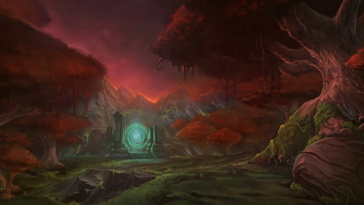 Red trees around a glowing portal in Blizzard's Ruby Sanctum art