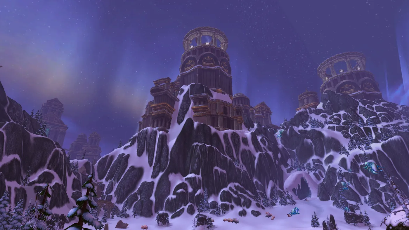 Titan buildings on the snowy cliffs of the Storm Peaks