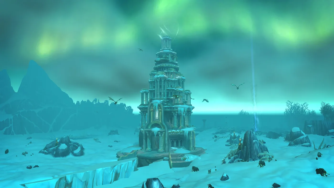 Wyrmrest Temple in Dragonblight under the northern lights